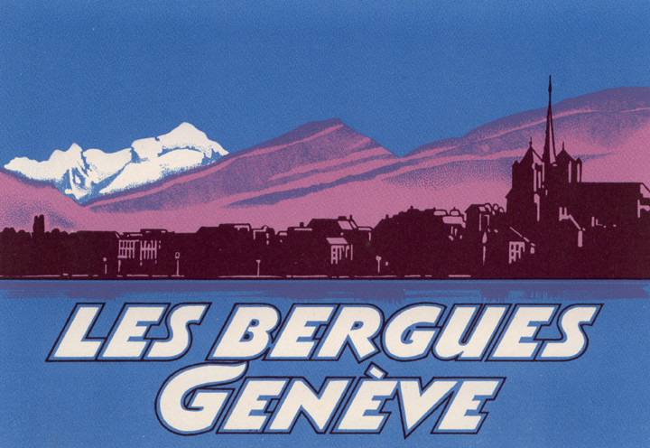 View of a waterfront city surrounded by mountains; purple, blue, white