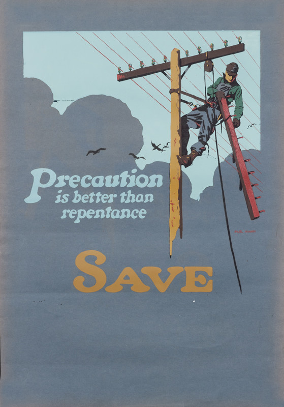 Man assembles telephone pole; blue, green, gray