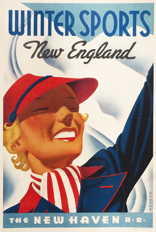 WOMAN SKIER SMILING & WAVING; RED, WHITE, BLUE, BLACK