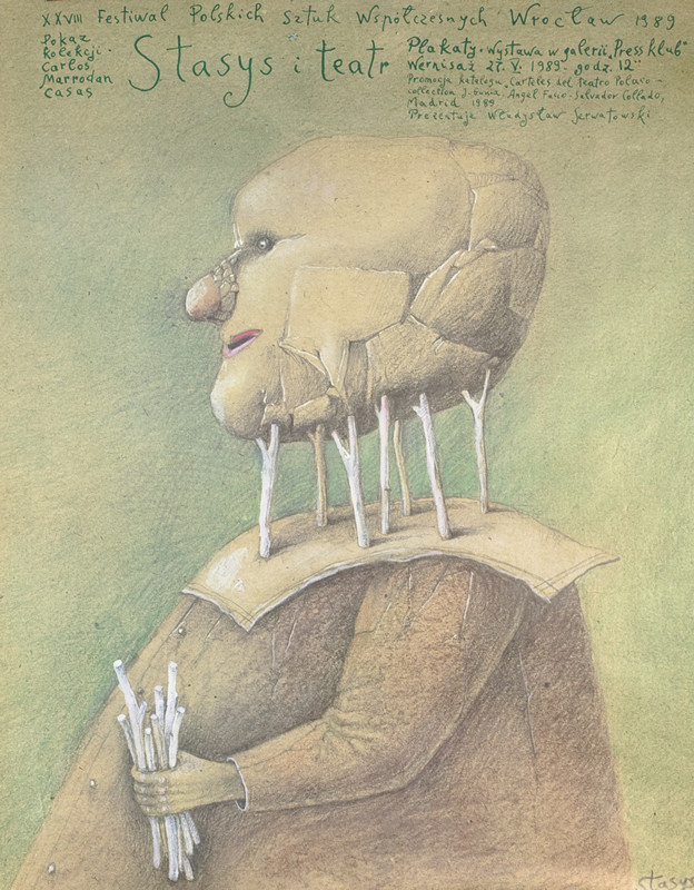 Classical poet figure with neck made of sticks holds bunch of sticks; green, brown, gray