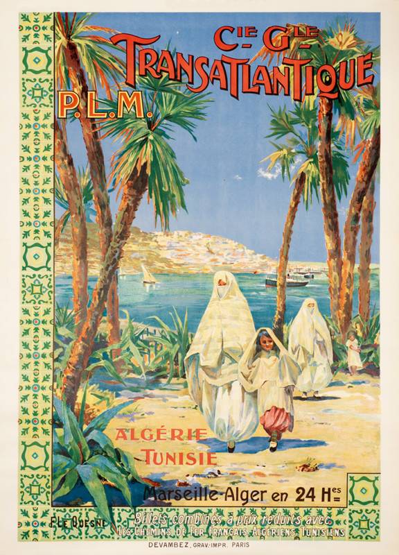 Women in North African dress with children, palm trees, Mediterranean; blue, green, red, brown