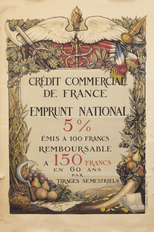 Text surrounded by cornucopia of fruit and wheat; red, black