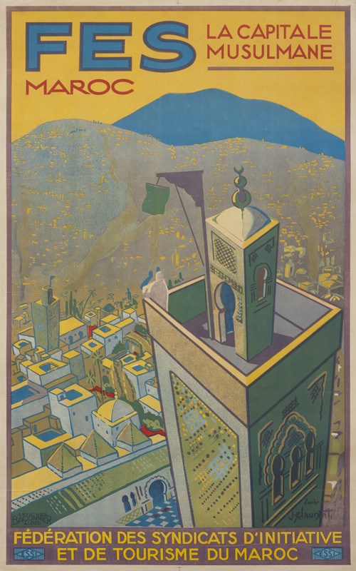 View of city rooftops from the top of a prayer tower; purple, yellow, blue