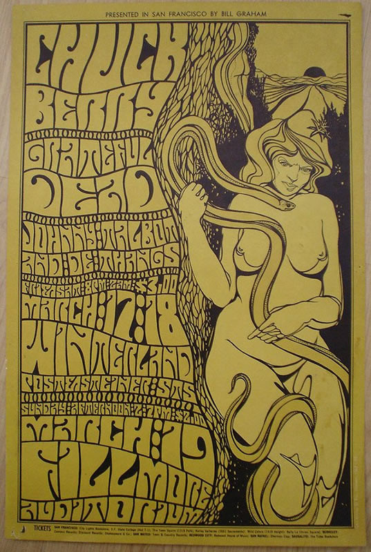 No. 55, psychedelic image of eve and the serpent; Grateful Dead, Johnny Talbot and De Thangs; green