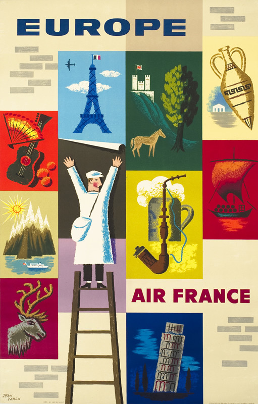 Man pastes posters of European destinations on brick wall; red, yellow, green, blue