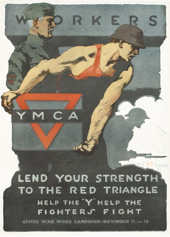 Worker moves stone block with soldiers behind; red, black, gray