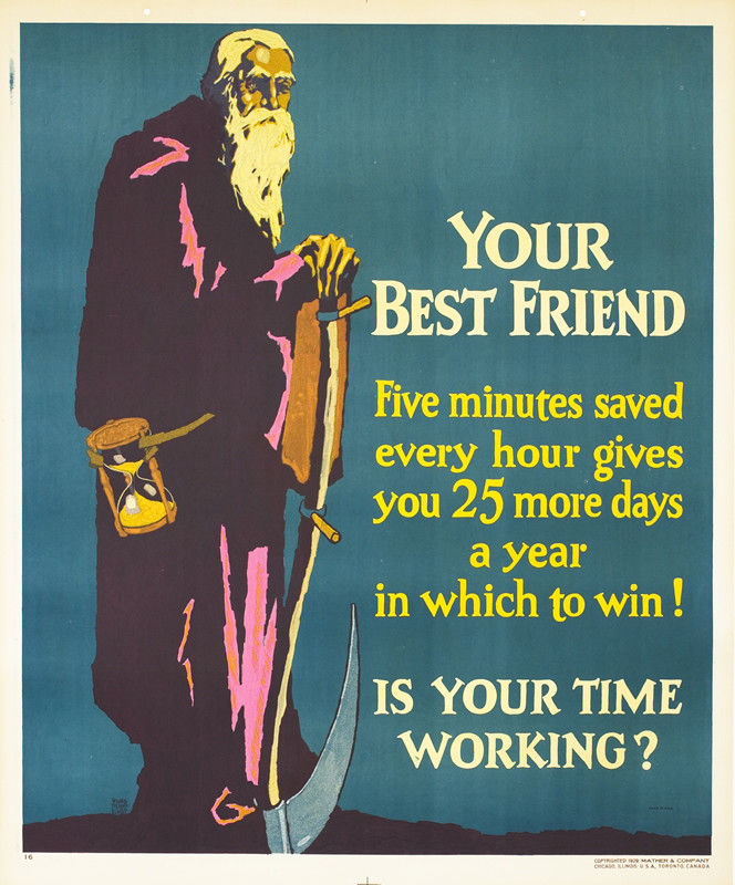 bearded Old Man Time standing with reaper; blue, purple, yellow