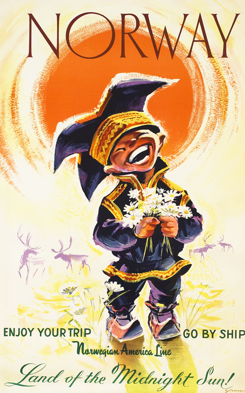Young boy in traditional dress holds daisies, smiles widely, caribou behind, large sun; orange, purple, yellow, green.