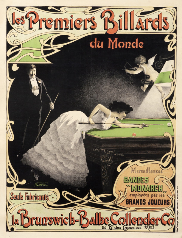 Woman plays billiards (pool) as men watches and cupid aims arrow; black, green, white