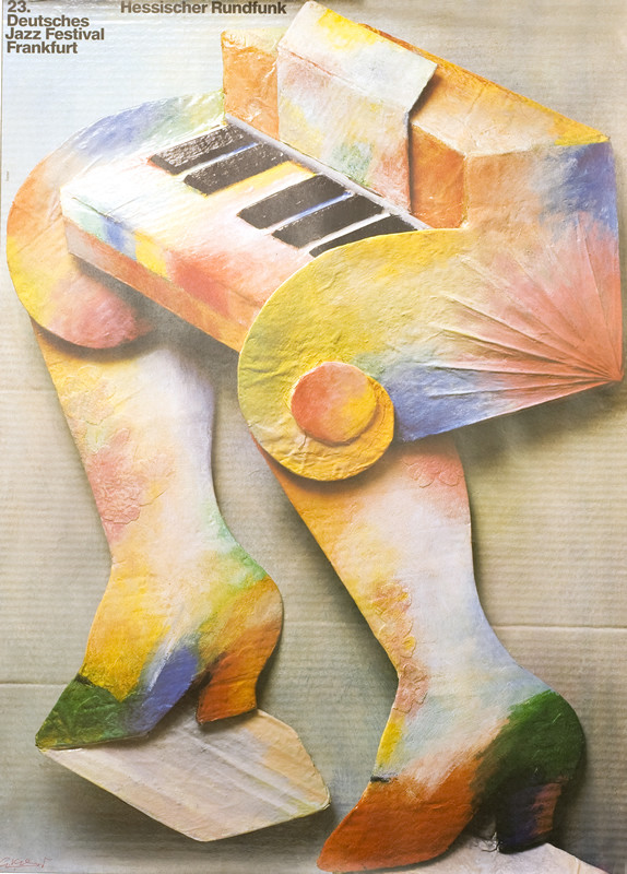 Piano with woman's legs; gray, pink, blue, yellow, green