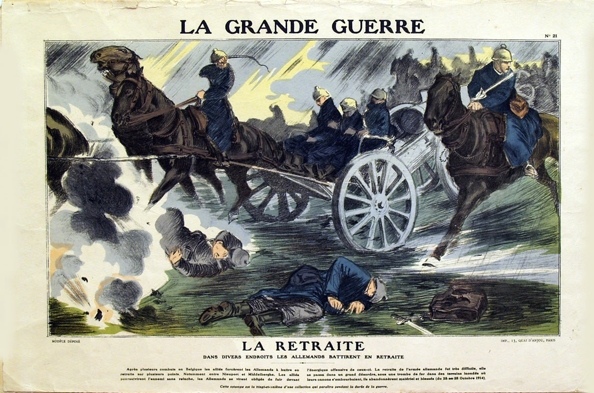 Battle scene of Germans retreating with horses & wagon; blue, gray