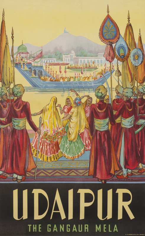Group of women dance by a river; red, brown, yellow