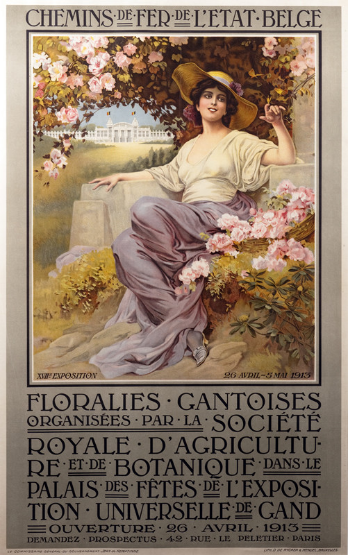 Elegant young woman sits in garden in front of exposition hall; pink, gray, purple, pastel