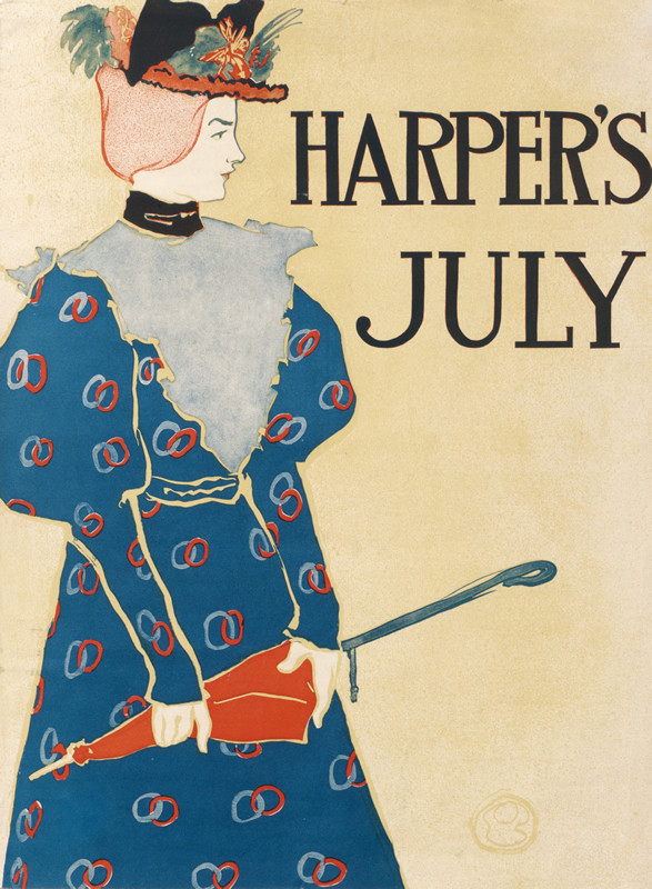 Redheaded woman wearing hat and patterned dress, holds umbrella; green, red, blue