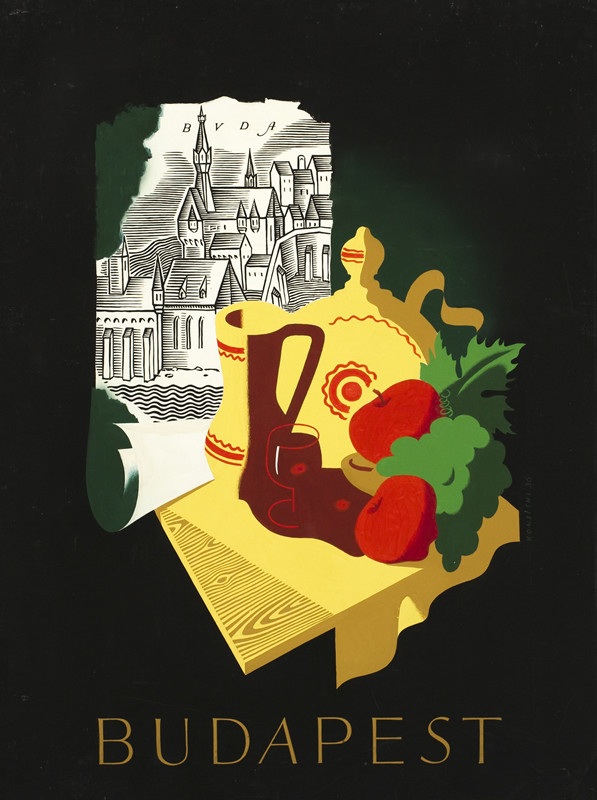 Scroll with woodcut of Budapest buildings, table with wine, fruit, crockery; black, yellow, brown, red, green