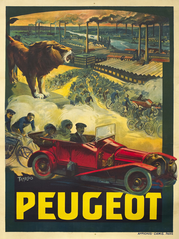 Peugeot factory with bicycles, motorcycles, and cars rushing out of it, lion and passenger-filled car in foreground; red, green, yellow