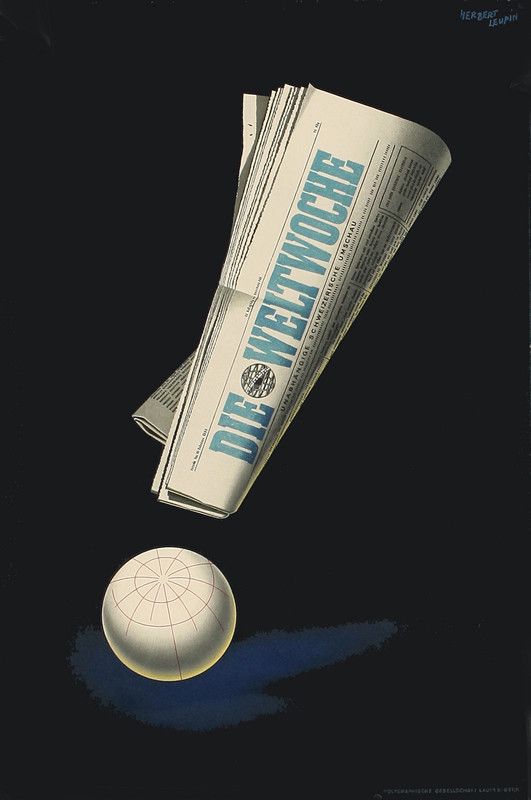 Newspaper forms exclamation point above the globe; black, white, blue, yellow