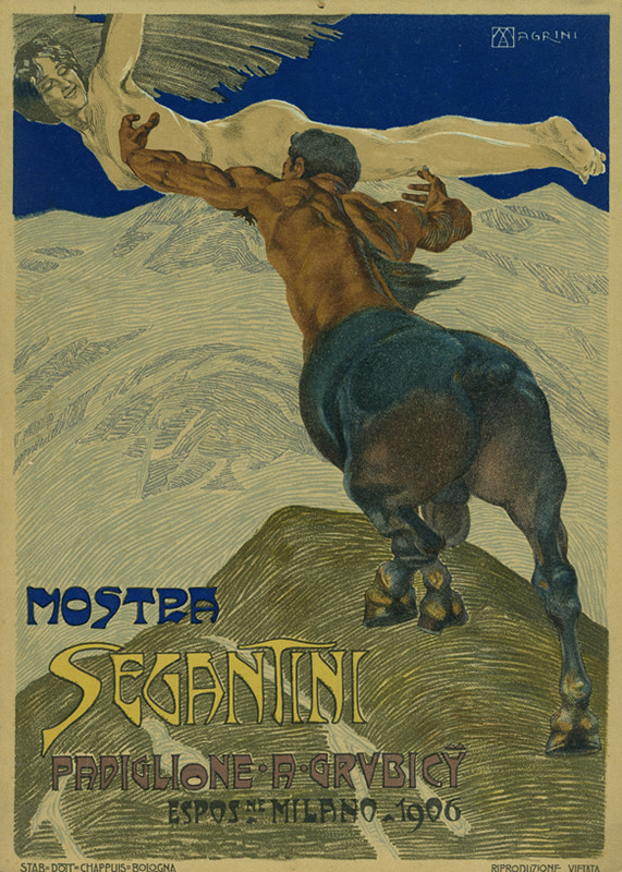Centaur reaches for winged angel; gray, blue, beige