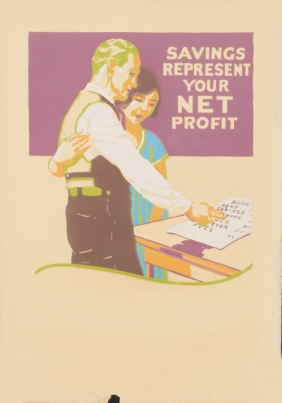 Husband and wife gesture toward budget list; orange, purple, blue