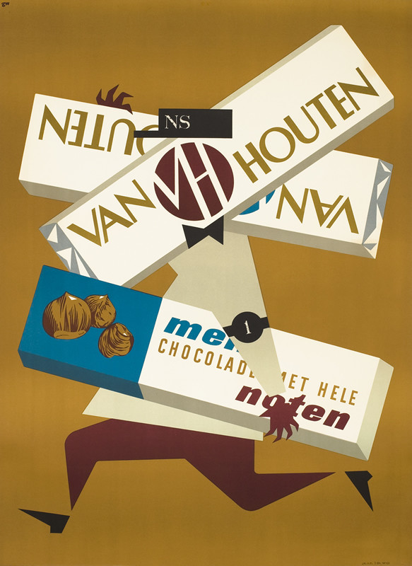 Stylized man holds 3 giant bars of chocolate, one is hazelnut flavor; brown, blue, white