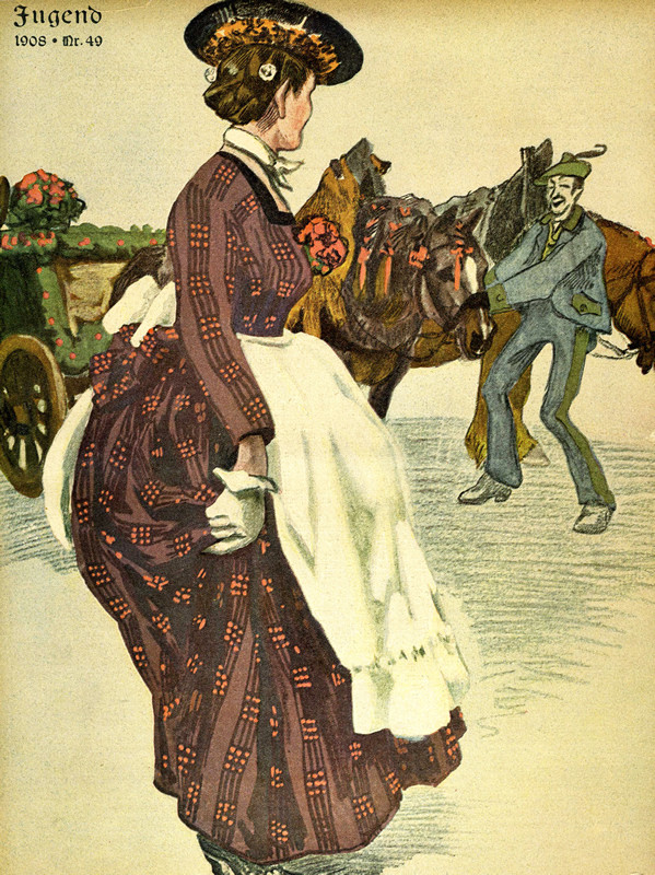 Woman look at man and horse cart; violet, gray, brown