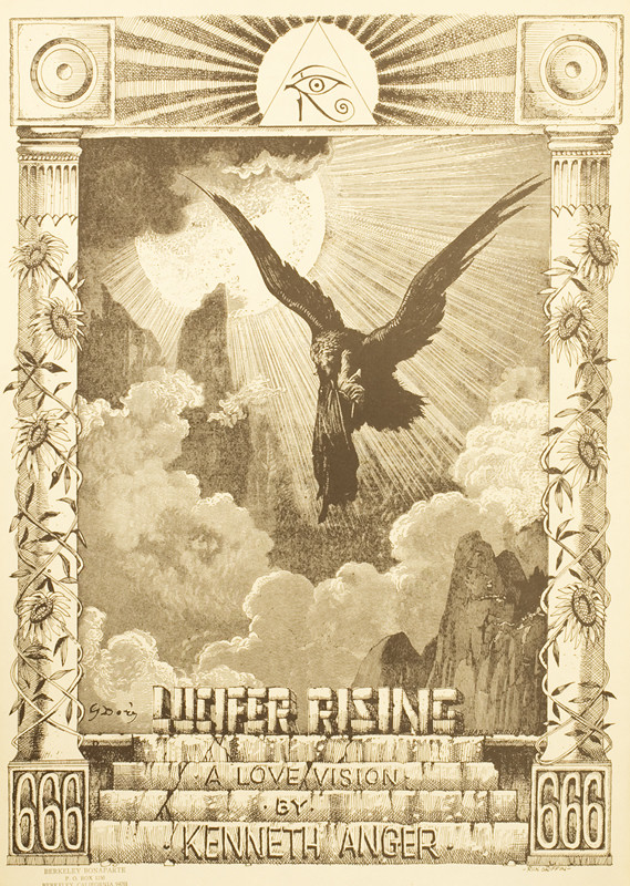Bird swoops down through clouds and crags; black, white