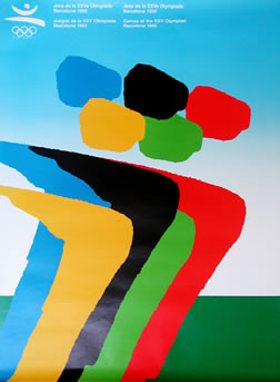 abstract crowd of five; green, blues, red, yellow, b/w