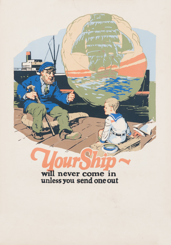 Old sea captain and boy sit on dock; blue, orange, green