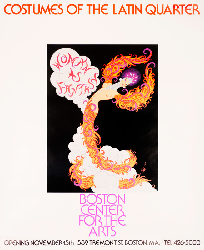 Woman in feathery costume; black, gold, orange, purple