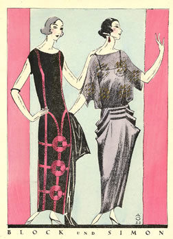Fashionably attired women in evening gowns; pink, gray, blue