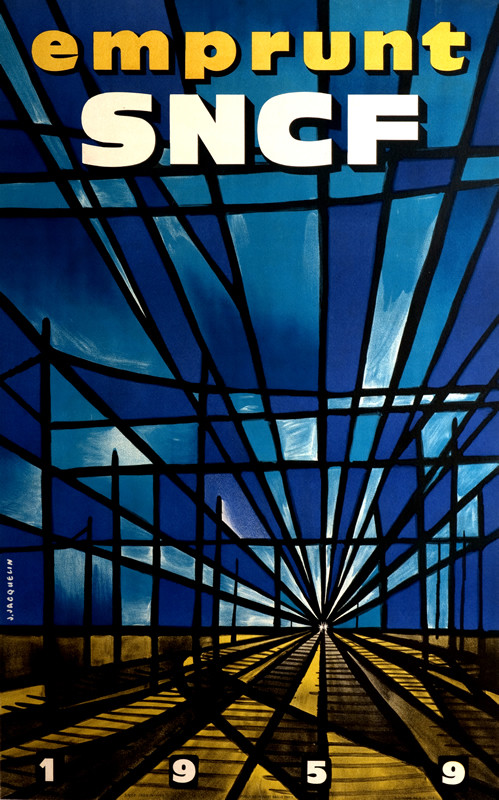 Long distance view of train approaching along tracks, powerlines fracture sky like stained glass; blue, turquoise, black, yellow