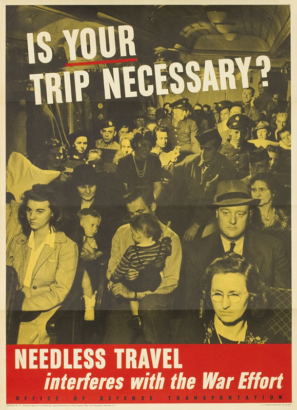 Train crowded with soldiers and civilians; red, black, white