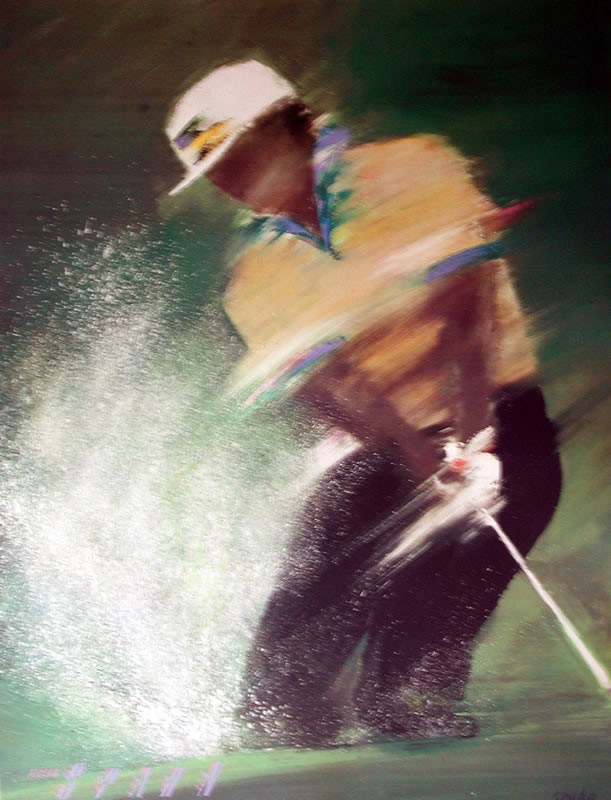Golfer swings as sand flies in air; green, yellow