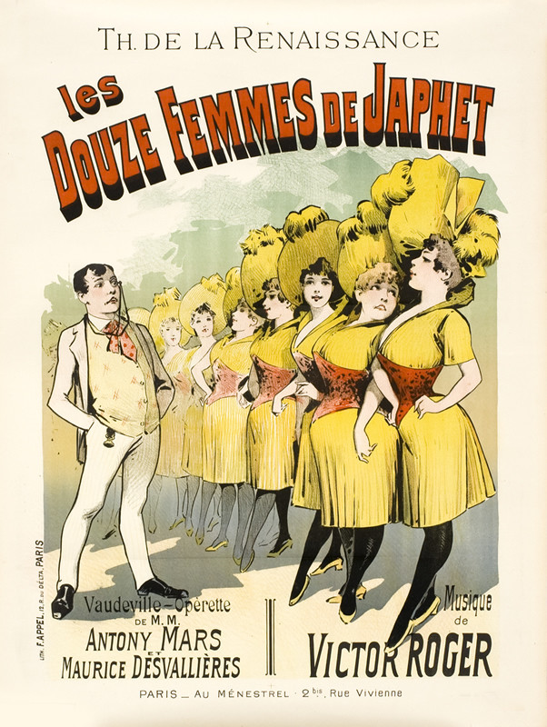 Line of showgirls in headdresses and costumes, Japhet observing closely; yellow, white, red