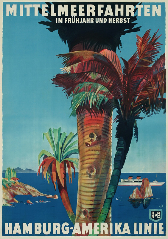 Palm trees, ocean liner and islands; blue, green