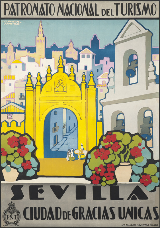 View of Seville, buildings, flowers, people; gray, yellow, blue