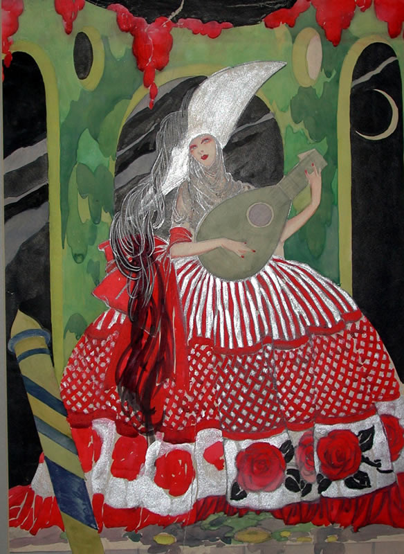 Woman in Venetian carnival ballgown with mandolin; red, green, white, black