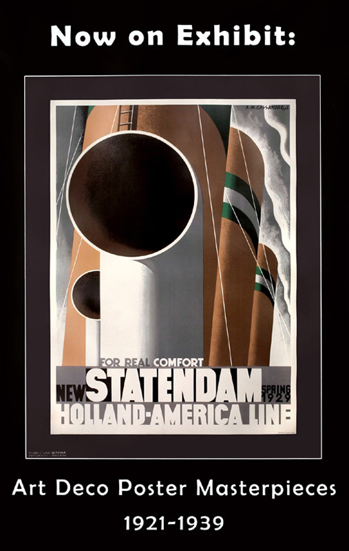 International Poster Gallery exhibition poster featuring Cassandre's Statendam of 1929; black, gold, gray