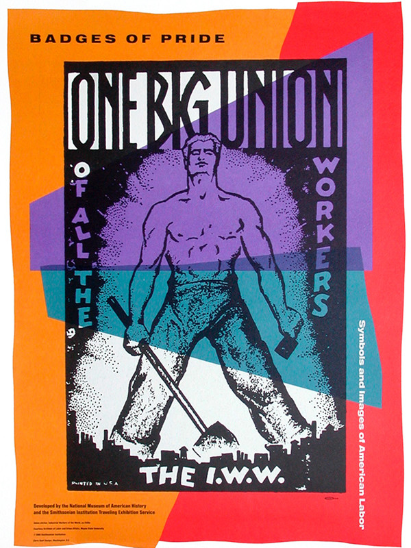 Industrial Workers of the World sticker with bare chested laborer; orange, red, purple
