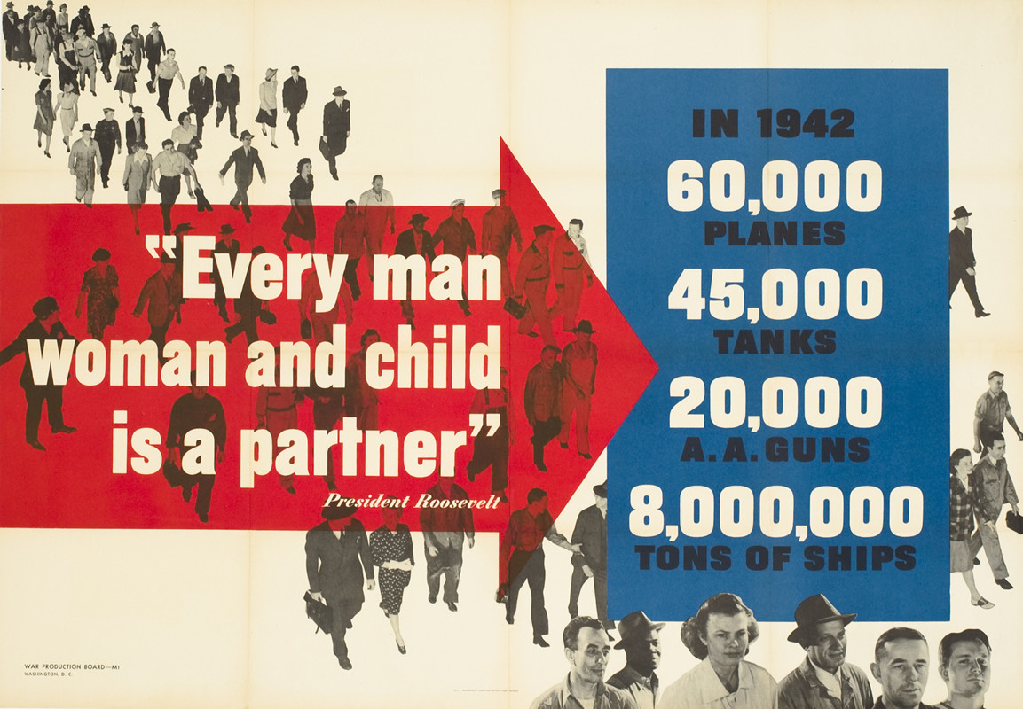 People march to work, red arrow points to production statistics; red, blue, white