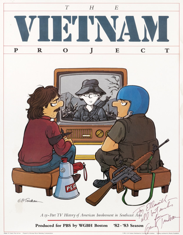 Soldier and war protester watch war news together; brown
