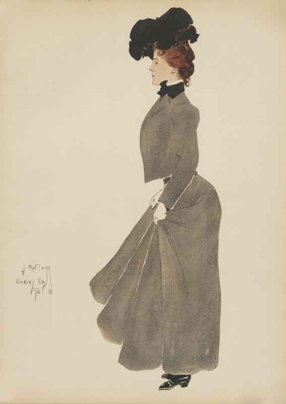 Woman in gray outfit
 and jacket, black hat; gray, black