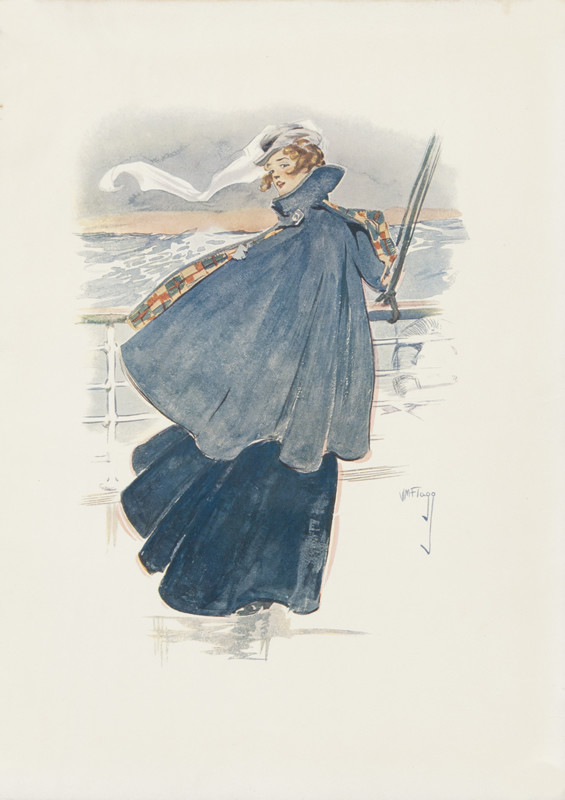 Woman in cape and hat on deck of boat in blustery weather; gray, navy, black