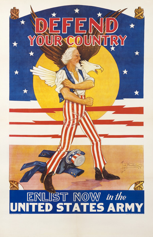 Uncle Sam rolls up his sleeves to fight; red, white, blue, yellow