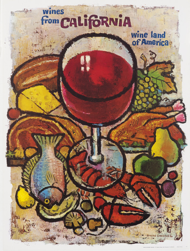 Glass of wine with fish, cheese, lobster, vegetables; brown, red, green