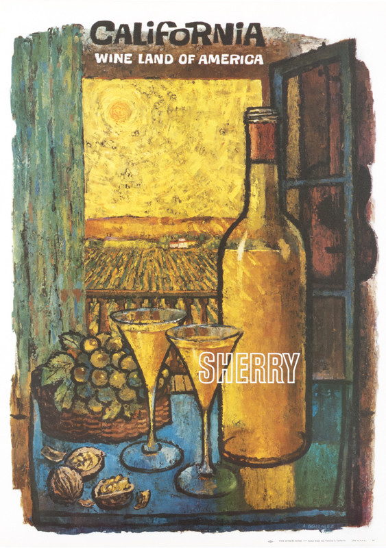 Sherry glasses, bottle, walnuts at window looking on to vineyard; yellow, green