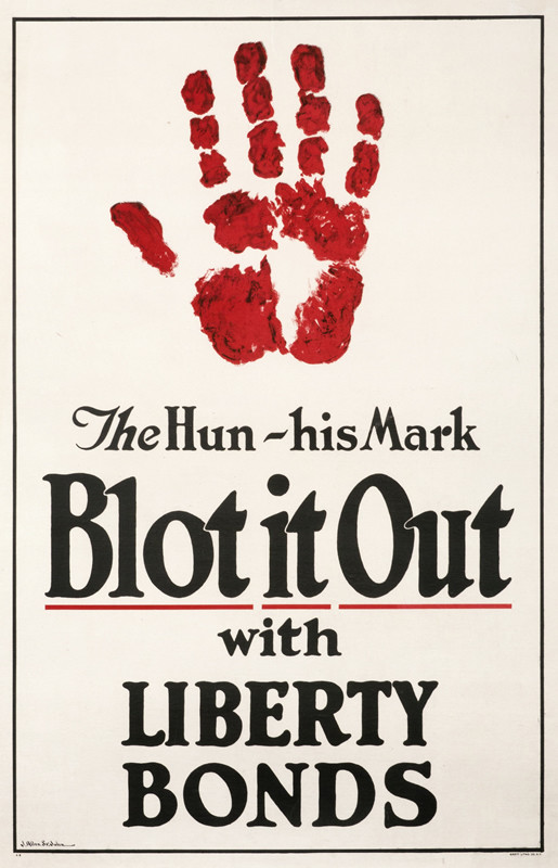 A bloody hand print with black text underneath; red, white, black