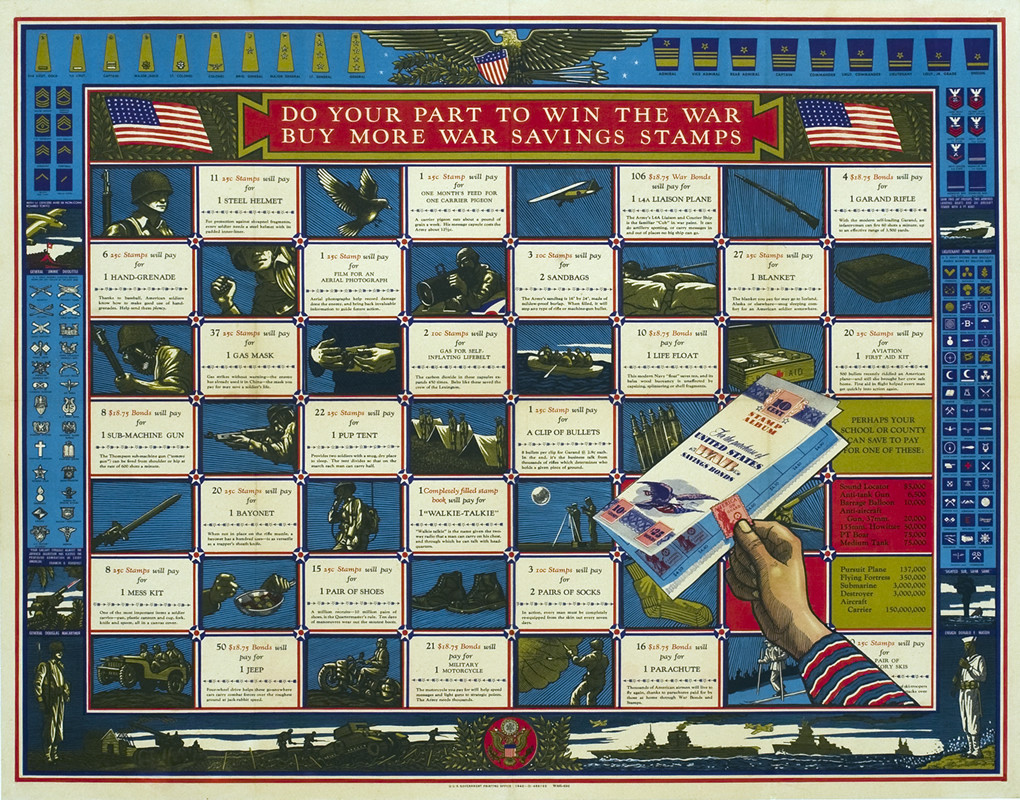 Chart outlines the equipment that savings stamps and bonds can provide; blue, red