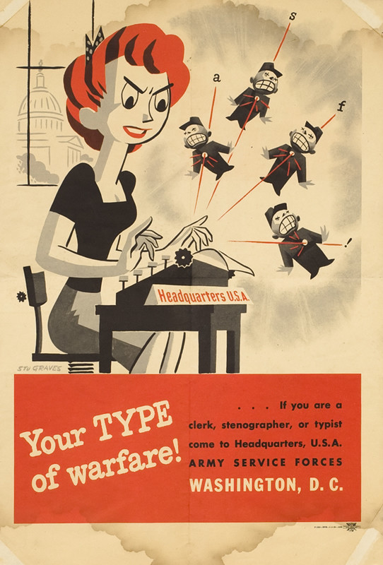 Secretary at typewriter hits an enemy with each tap of a key; red, black
