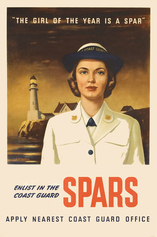 Woman in uniform stand on shore, lighthouse behind; brown, blue, red